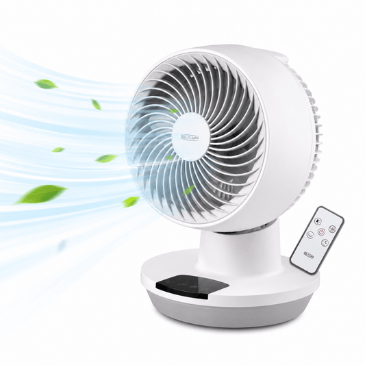 White remote-controlled table fan with front grille and black control panel on round base.