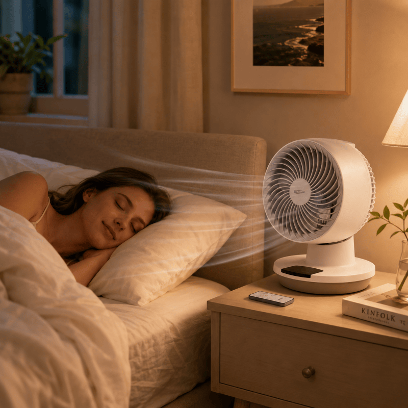 White table fan on nightstand with remote control beside it; front grille visible.