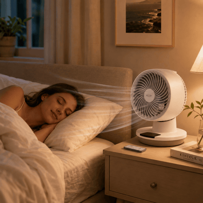 White table fan on nightstand with remote control beside it; front grille visible.