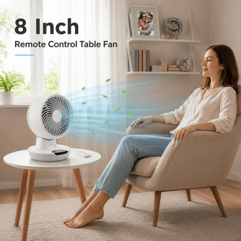 White remote table fan on round stand with remote control, front grille facing outward.