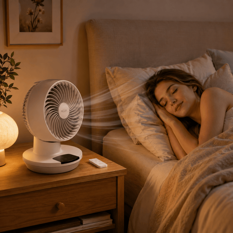 White table fan on nightstand with remote control beside it and visible airflow lines.