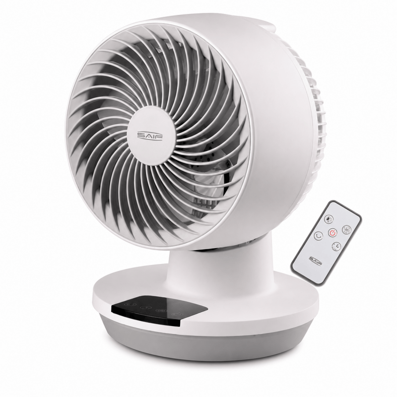 White remote-controlled table fan close-up with front grille and included remote on base.