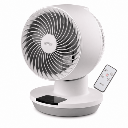 White remote-controlled table fan close-up with front grille and included remote on base.