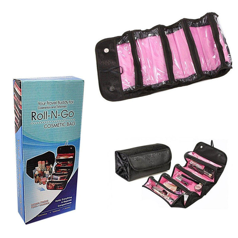Roll-up cosmetic bag in black fabric with pink compartments and snap closure