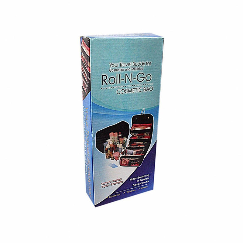 Roll-N-Go cosmetic bag product box, blue package with pouch shown inside