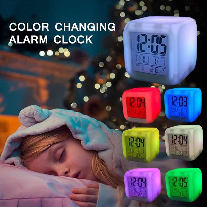 Color-glowing cube LED alarm clock with time and temperature display