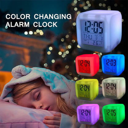 Color-glowing cube LED alarm clock with time and temperature display