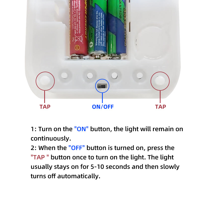 White cube alarm clock with ON/OFF and TAP buttons and control instructions