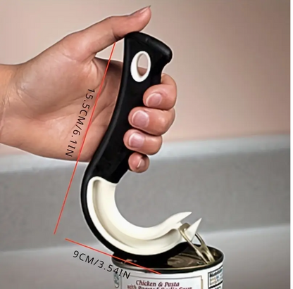 Black-and-white can opener tool gripping a metal can lid; hook lifting piece.