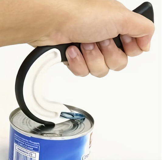 Black ergonomic can opener held over can lid with curved white hook.
