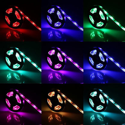 Close-up of glowing RGB LED strip in red, blue, green, and purple colors