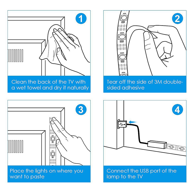 Step-by-step instructions for cleaning TV back and applying double-sided adhesive