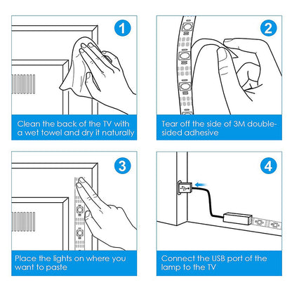 Step-by-step instructions for cleaning TV back and applying double-sided adhesive