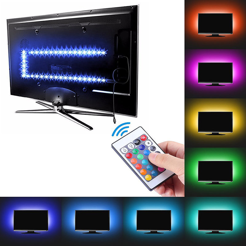 TV back LED strip illumination with remote control showing multiple color modes
