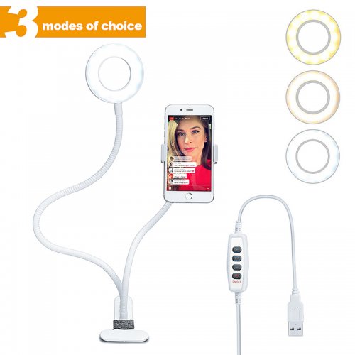 LED ring light with adjustable phone holder and inline controller for live streaming