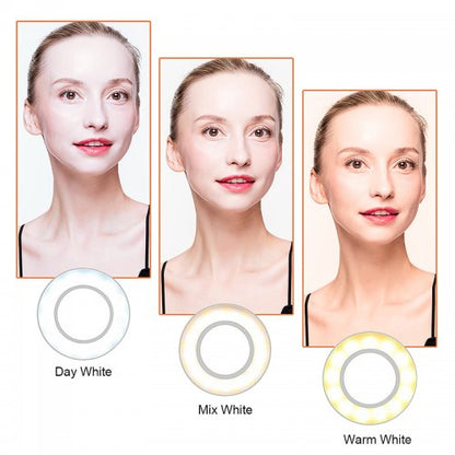 LED ring light showing three lighting tones for phone video and makeup
