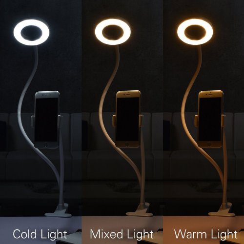 LED ring light with phone holder displaying cold, mixed, and warm illumination