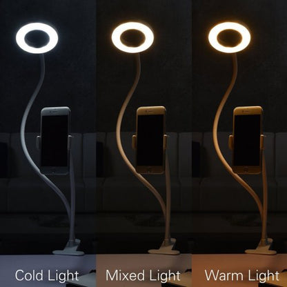 LED ring light with phone holder displaying cold, mixed, and warm illumination