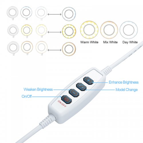 LED ring light kit with multiple ring sizes and control buttons on inline device