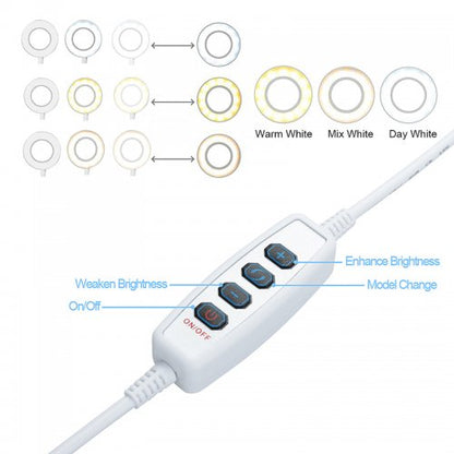LED ring light kit with multiple ring sizes and control buttons on inline device