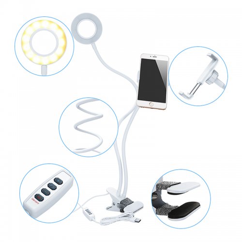 Selfie LED ring light with phone holder clip and expansion tips for angle adjustment