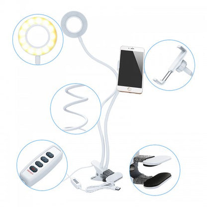 Selfie LED ring light with phone holder clip and expansion tips for angle adjustment