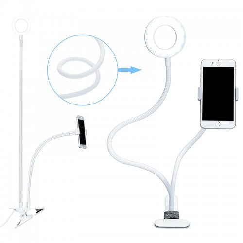 LED ring light stand with phone clamp and flexible cable gooseneck