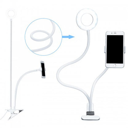LED ring light stand with phone clamp and flexible cable gooseneck