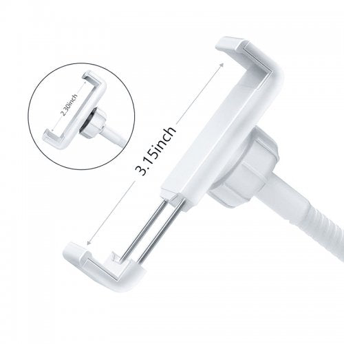 Adjustable phone clamp attachment with reach measurement labeled in inches