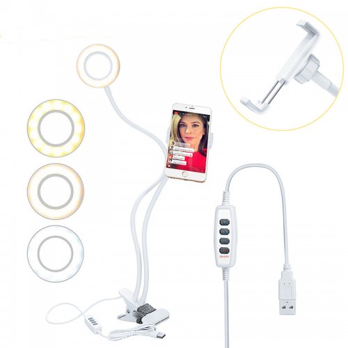 LED ring light kit with phone holder, inline controller, and USB cable connection