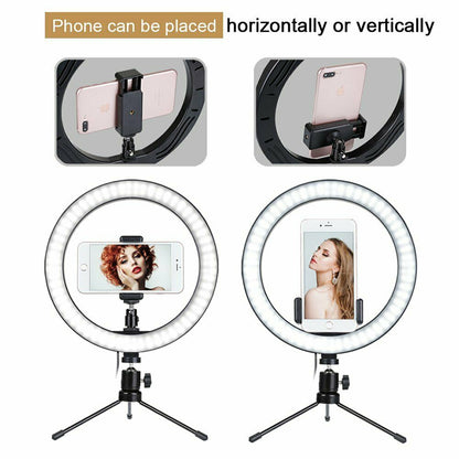 LED ring light with adjustable phone mount for horizontal or vertical placement