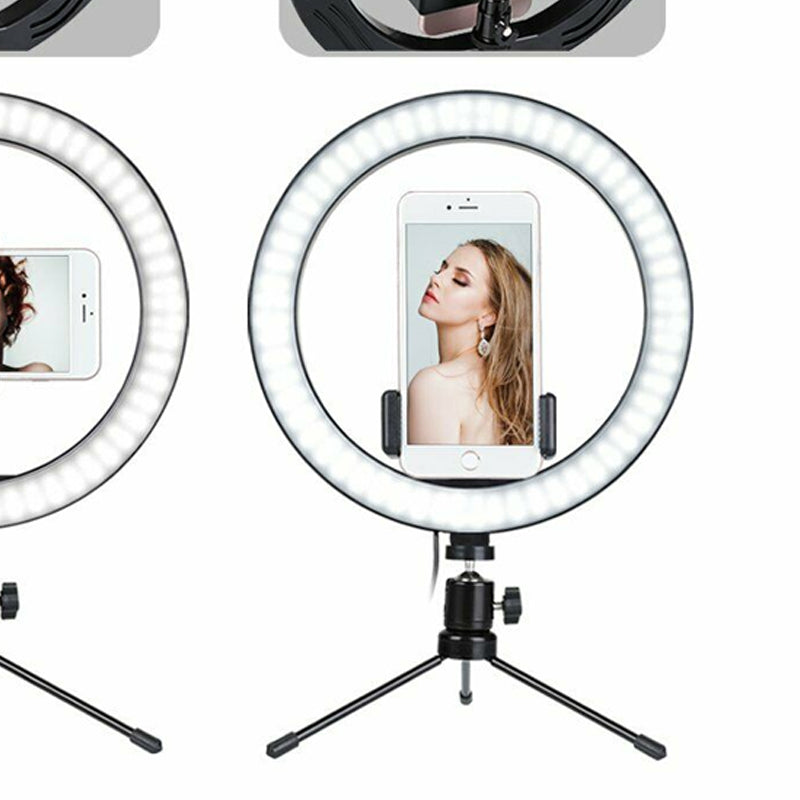 LED ring light with phone holder on desk tripod