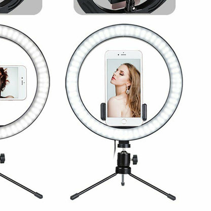 LED ring light with phone holder on desk tripod