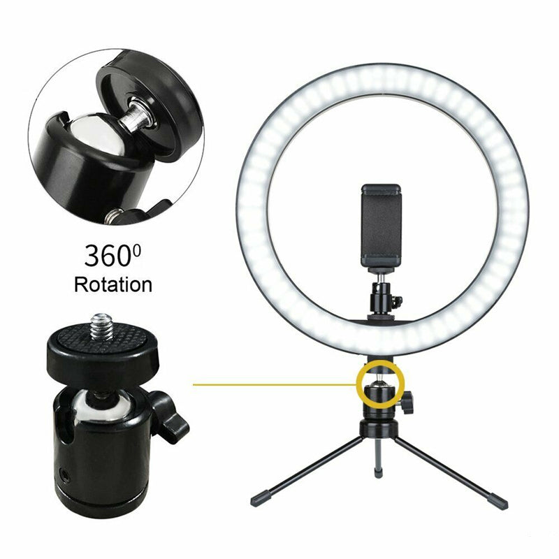 LED ring light with phone mount and tripod stand, USB power adapter attached