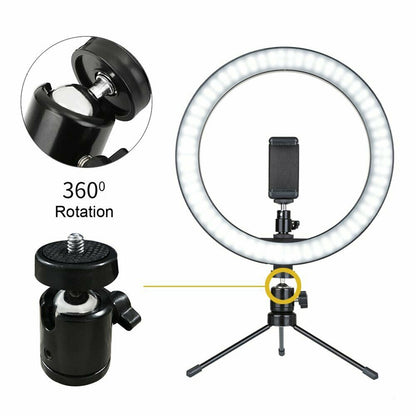 LED ring light with phone mount and tripod stand, USB power adapter attached
