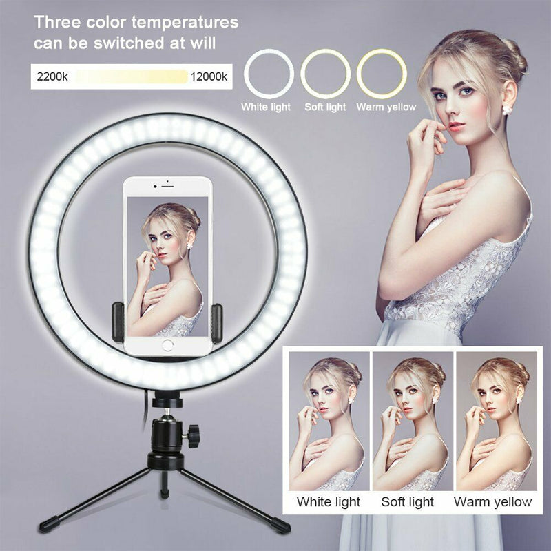 LED ring light with phone holder and three light color temperature settings
