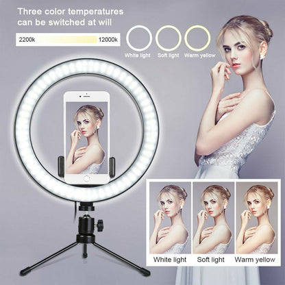 LED ring light with phone holder and three light color temperature settings