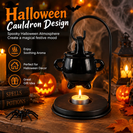 Black ceramic cauldron oil burner with lit tealight on round base