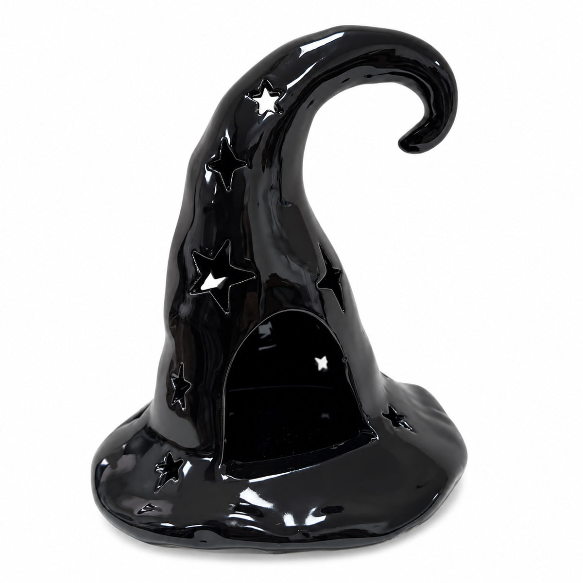 Glossy black ceramic witch hat candle holder with star cut-out accents