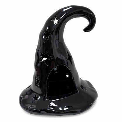 Glossy black ceramic witch hat candle holder with star cut-out accents