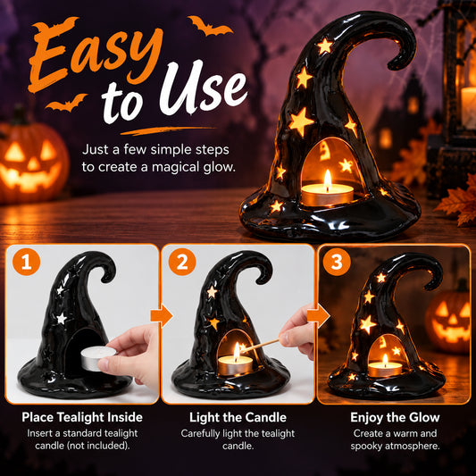 Black ceramic witch hat candle holder with lit tealight and star cut-outs
