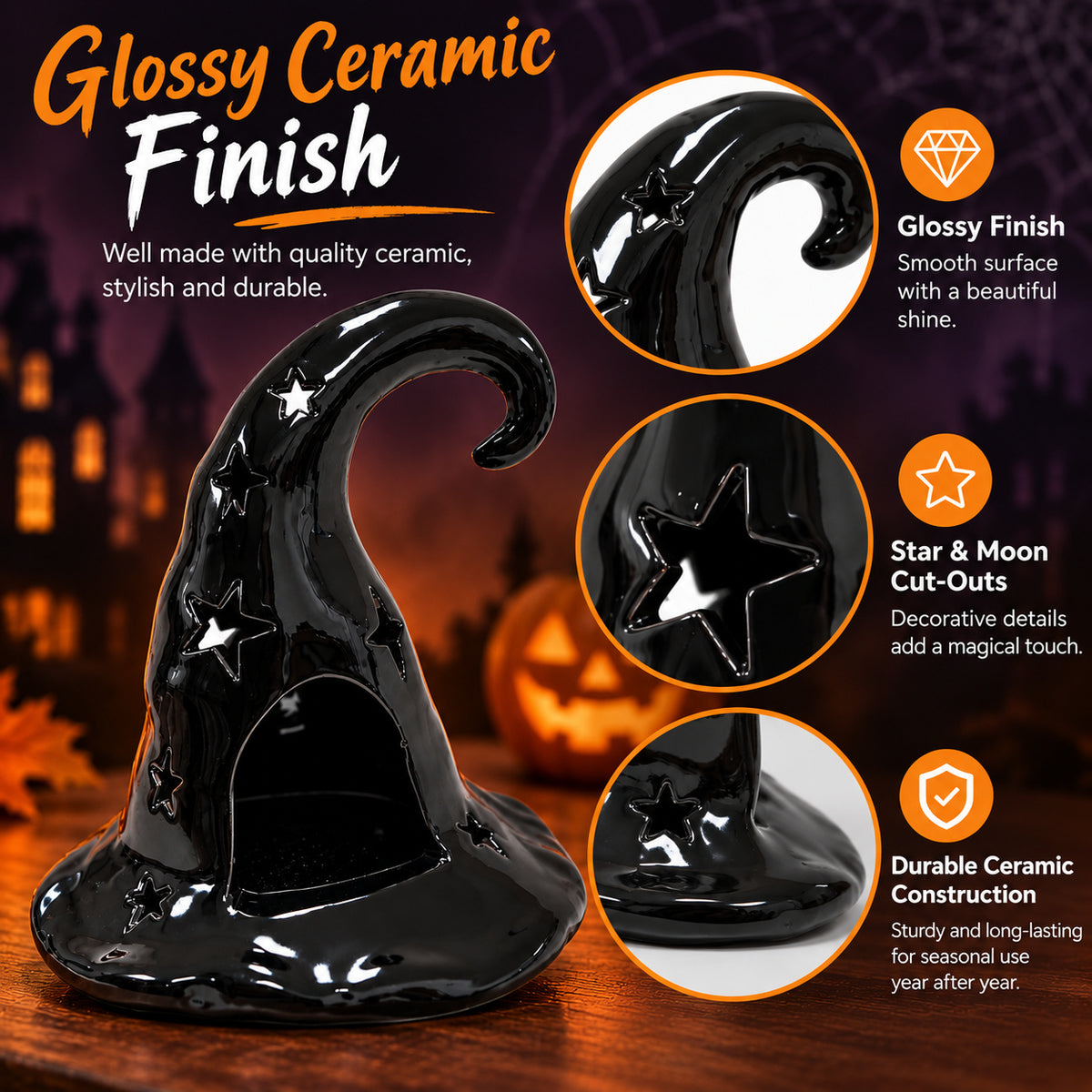 Glossy black ceramic witch hat candle holder with star and moon cut-outs