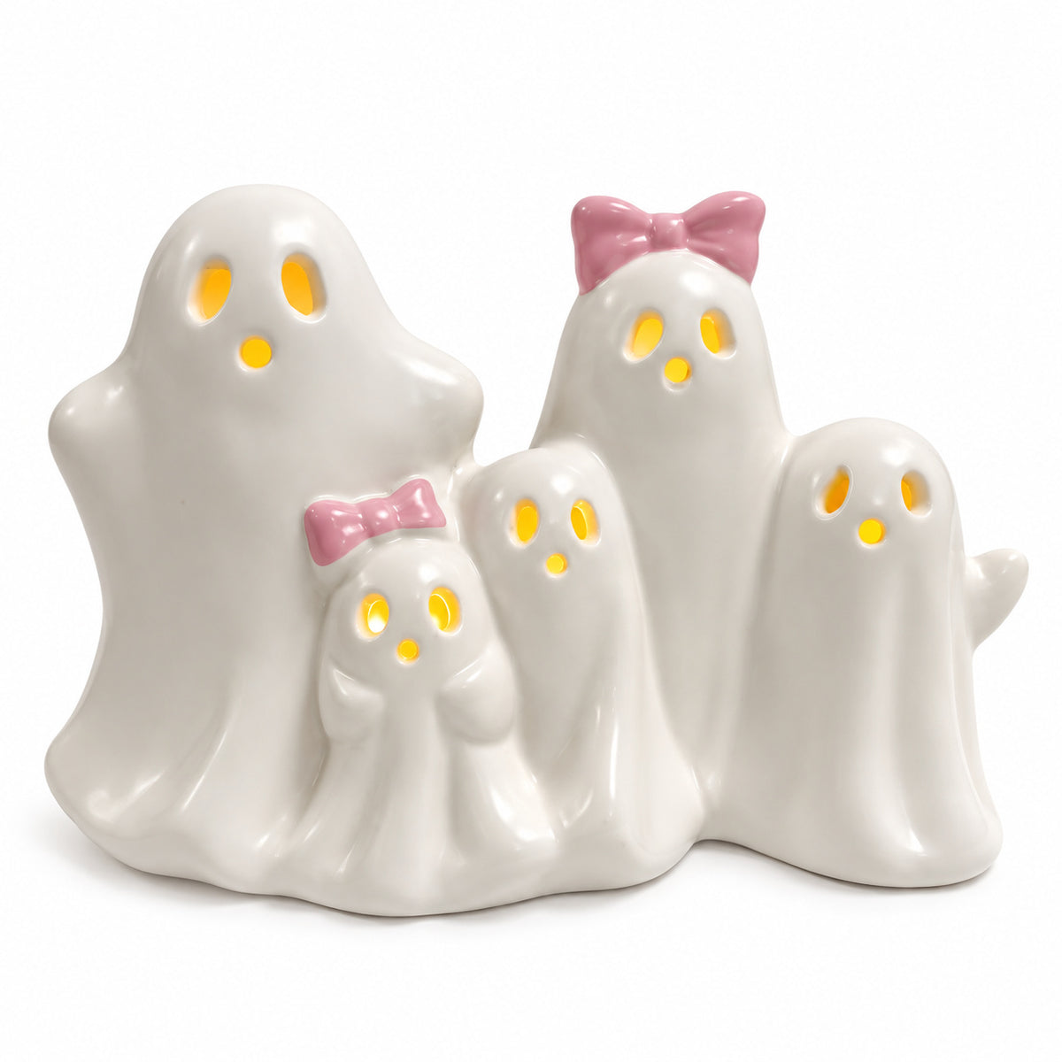 Ceramic LED ghost figurine set with glowing yellow eyes and pink bow accents, family group