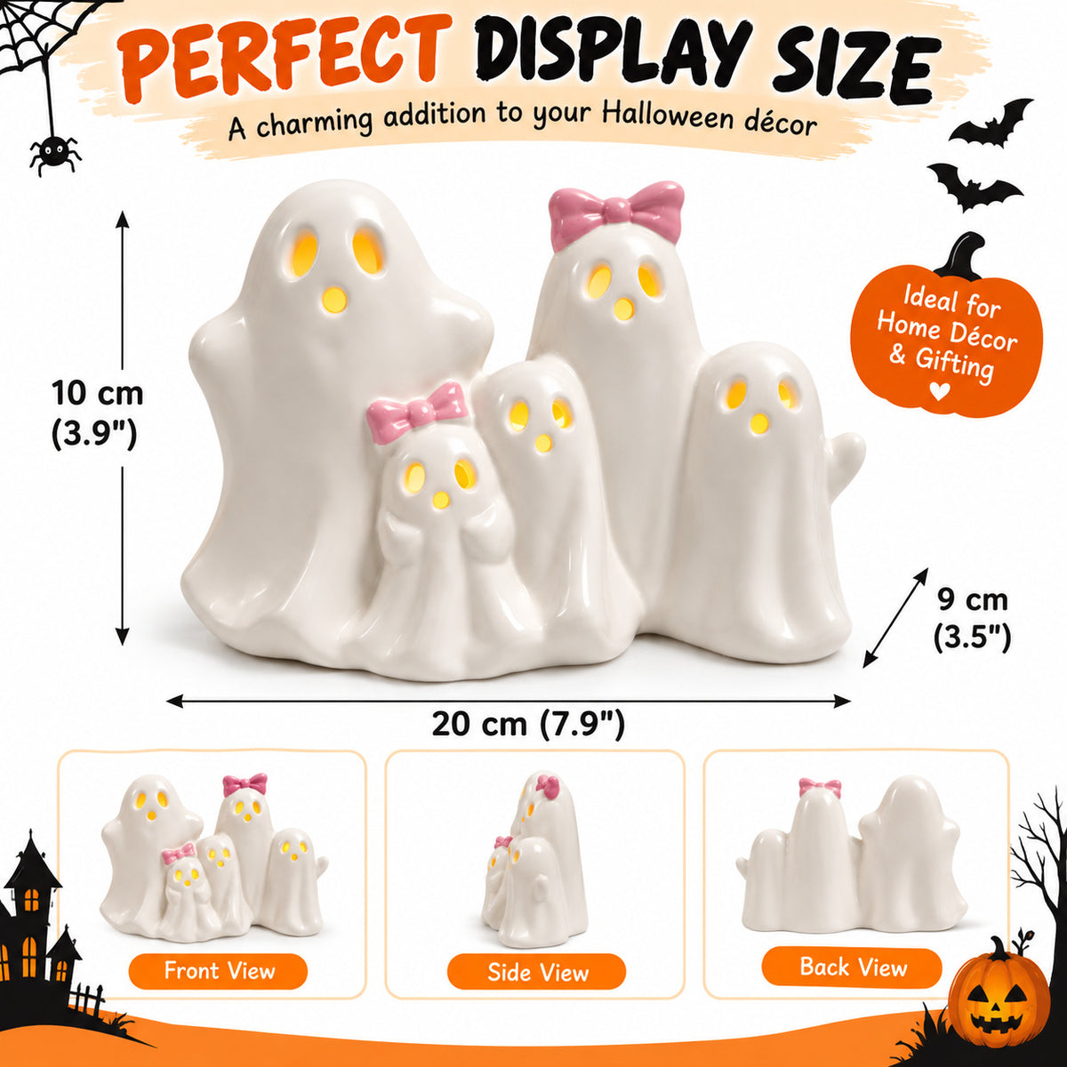 Ceramic ghost family figurines with pink bows and size diagram labels for display dimensions