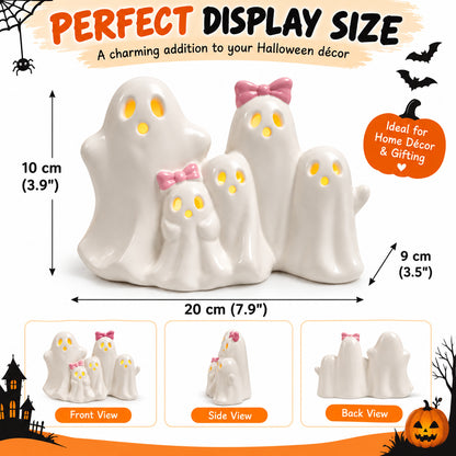 Ceramic ghost family figurines with pink bows and size diagram labels for display dimensions