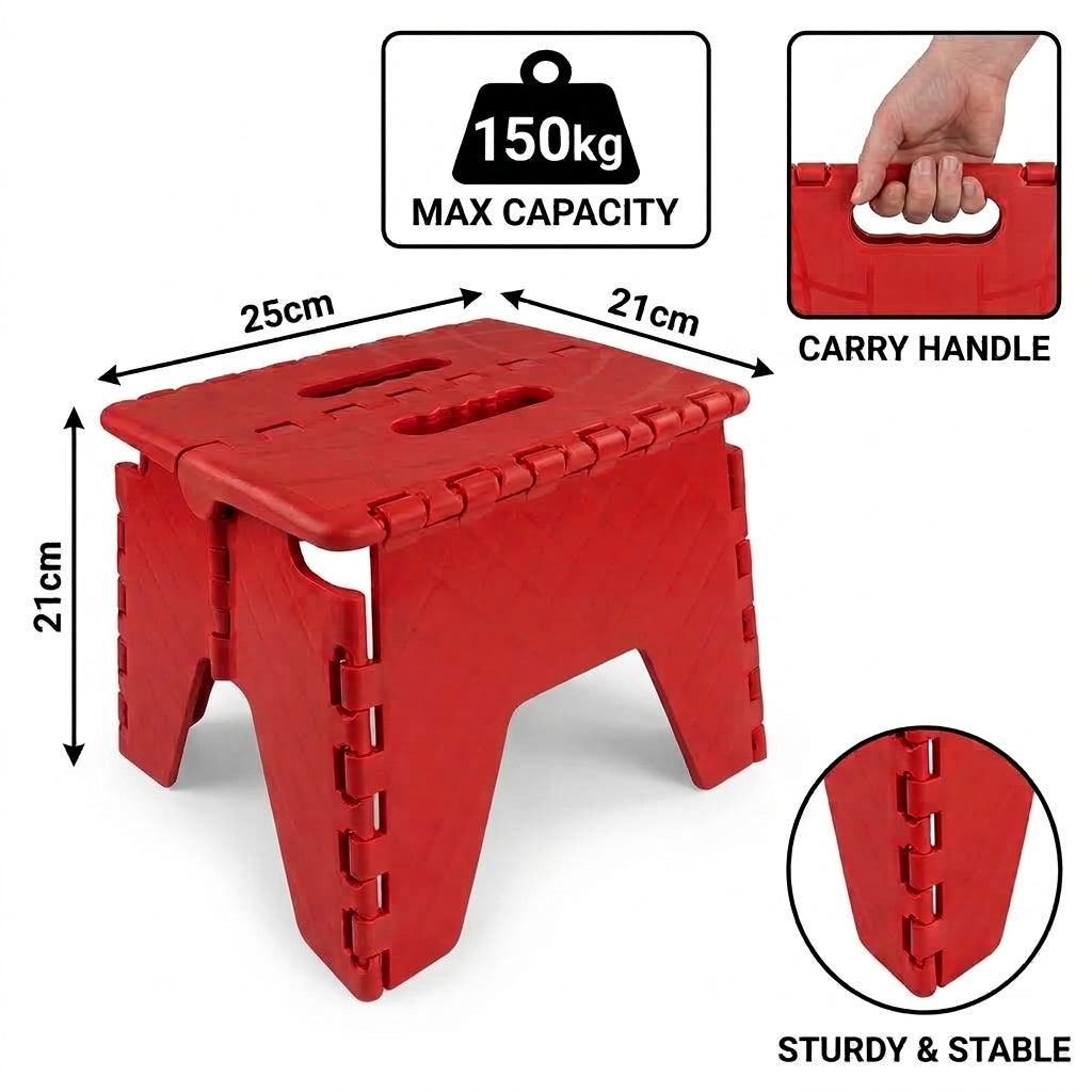 Red folding step stool with carry handle and fold-out ladder steps