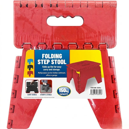 Red folding step stool box showing carry handle and 150kg capacity