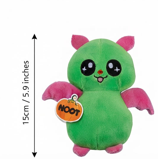 Green Halloween bat plush with pink ears and wings, size 15 cm