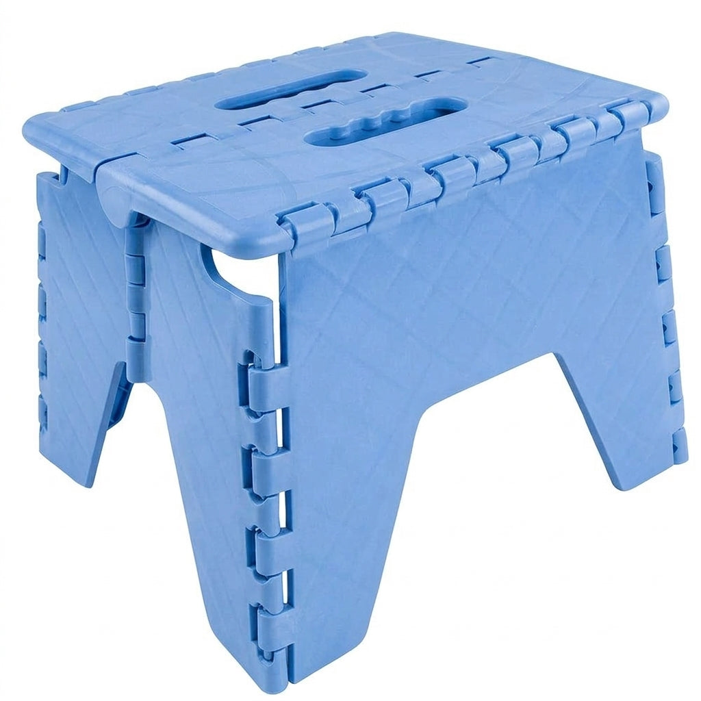 Blue folding step stool with carry handle and interlocking fold-out steps