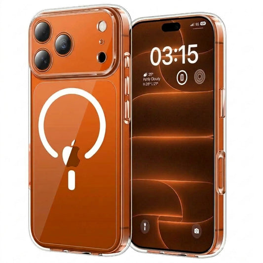 Clear magnetic phone case with camera cutouts; front and back protected